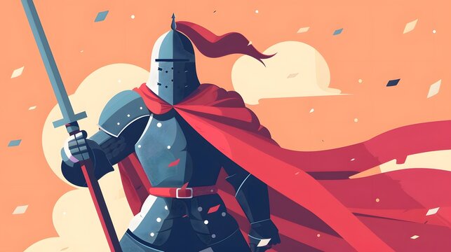 A valiant knight in full armor stands with a spear, his red cape billowing in the wind.  A symbol of courage and valor.