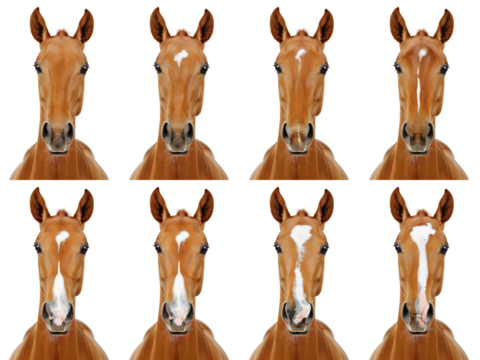 Illustration of brown horse with different facial marks set on transparent background.