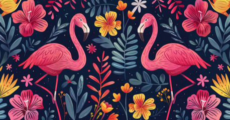 tropical flamingo art, colorful illustration of flamingo pattern doodle, exuding a vibrant and lively aesthetic