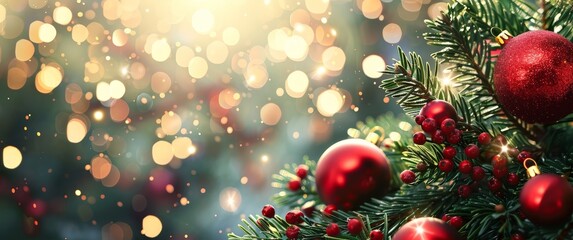 A Christmas tree with red ornaments and a background of blurry lights