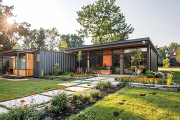 sustainable theme container house with entrance porch and front yard lawn and flower beds, with morning sunlight