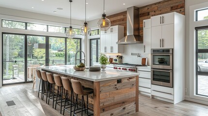 Minimalist kitchen with white cabinets stainless steel appliances natural wood island pendant lights photorealistic
