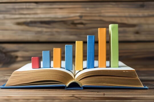 An open book with a  3D bar graph higher above the open book