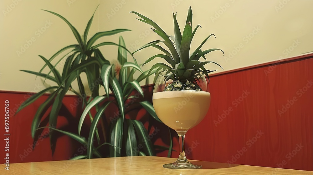 Poster a tall glass of drink sits on wooden table near large potted plant