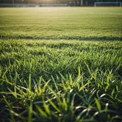 Obraz premium Green grass on football field, blurred background showing stands and goal in stadium. Sun shines creating a warm golden glow. Natural covering of football field. Sports competitions, championship. AI