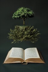 An open book with a simple 3D tree higher above the open book
