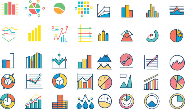 A set of charts and graphs related to vector icons for your design. Graphics and statistics icons set design. Collection of simple linear web icons, line charts, and candlesticks, combined, design