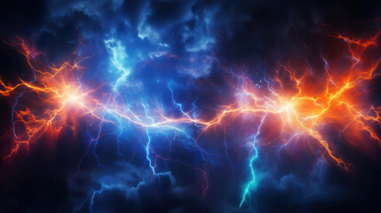 Neon lightning strikes in blue, orange, and green against a dark background, vivid and dynamic, high-resolution, creating a striking and energetic scene.