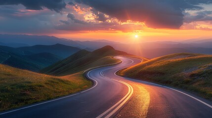 Fototapeta premium A winding road through scenic hills at sunset, offering a breathtaking view of nature and tranquility.