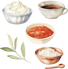 Vector Watercolor food, clipart, ingredients. Spices, tomato sauce, sour cream, soy sauce. Illustrations for creative cooking, invitation, greeting cards, birthday, event, holiday, menu; cooking class