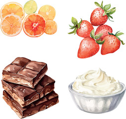 Vector Watercolor clipart, sweets, dessert. Chocolate bar, sour cream, strawberries, orange slices. Illustrations for creative cooking, invitation, greeting cards, birthday, event, holiday, menu; cook