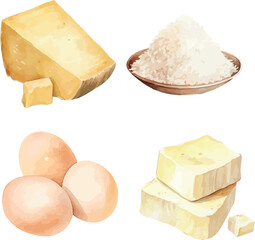 Vector Watercolor food, clipart, ingredients. Eggs, cheese, parmesan, camembert, rice. Illustrations for creative cooking, invitation, greeting cards, birthday, event, holiday, menu; cooking class; Ma