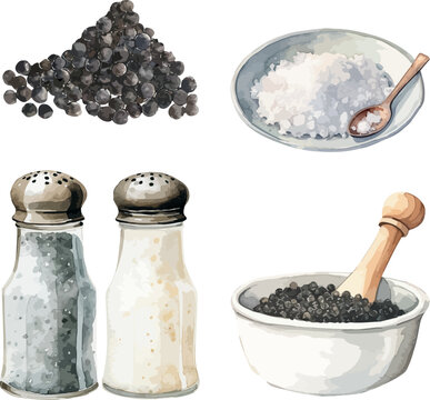 Vector Watercolor food, clipart, ingredients. Spices, pile of black pepper, coarse salt, salt shaker, pepper shaker. Illustrations for creative cooking, invitation, greeting cards, birthday, event