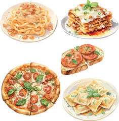 Vector Watercolor mediterranean food, clipart, 
lasagna, pasta, bruschetta, pizza, ravioli. Illustrations for creative cooking, invitation, greeting cards, birthday, event, holiday, menu; cooking clas