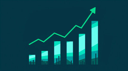 A bar graph with an upward trend line indicating growth and success, depicted in green on a blue background.