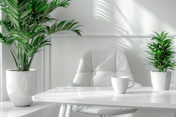 Minimalist workspace with sleek desk modern chair neutral tones natural light simple decor 3D render
