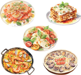 Vector Watercolor mediterranean food, clipart, 
lasagna, paella, mussels. Illustrations for creative cooking, invitation, greeting cards, birthday, event, holiday, menu; cooking class; Master Class