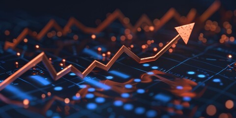G remodeling graph arrow up, blue dots, dark gradient background, and copper highlights. Business growth and stock market rise concept.