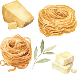 Vector Watercolor food, clipart, ingredients. Spaghetti, pasta, cheese, parmesan, camembert, olive branch. Illustrations for creative cooking, invitation, greeting cards, birthday, event, holiday, men