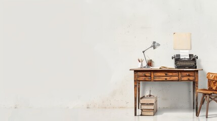 Vintage workspace featuring a wooden desk, typewriter, lamp, and chair against a textured wall, ideal for creative endeavors.