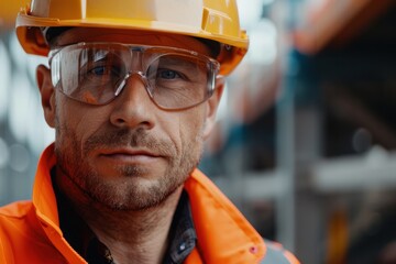 worker man with protective glasses and helmet. security at work