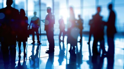 Silhouettes of business people networking in a modern office.