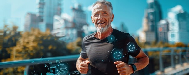 Senior man running outdoors using smart technology interface with futuristic holographic health data