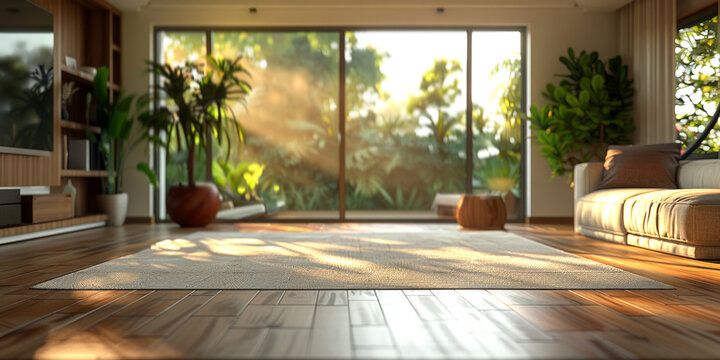 The unfocused interior of the living room with a large panoramic window. Modern apartment design