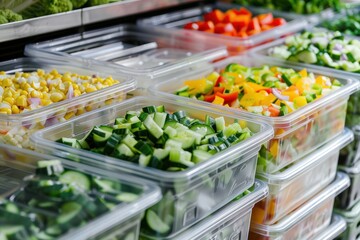 Vegetable salads in plastic containers for sale in a commercial fridge, plastic waste problems