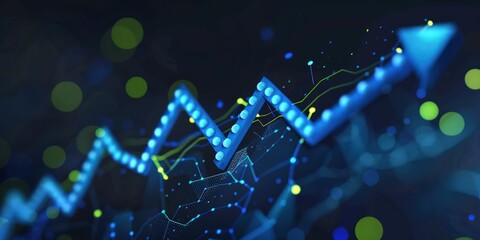 G remodeling graph arrow up, business growth, blue dot points, dark gradient background, and lime highlights. Stock market rising.