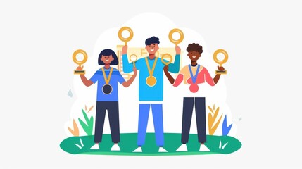 Fototapeta premium Athletes receiving medals, Olympic host city, flat design illustration, formal, isolated on white background