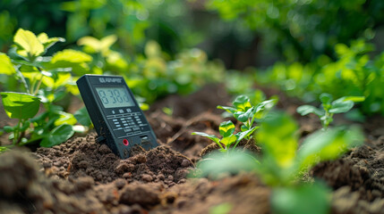 Solar-powered weather station in a garden setting, bright display, lush greenery, capturing precise weather measurements.

