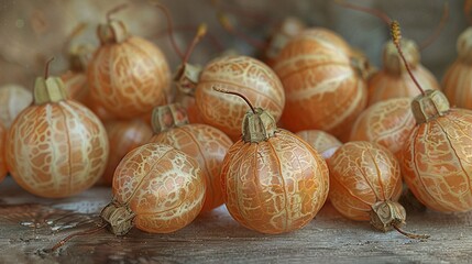   A group of orange gourds arranged on a wooden table with adjacent piles