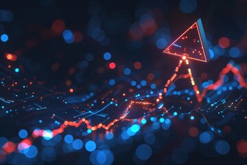 G remodeling graph arrow up, business growth, blue dot lights, dark background, and ruby red highlights. Stock market rise concept.