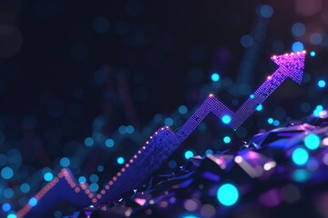 G remodeling graph arrow up, business growth, blue dot lights, dark background, and amethyst highlights. Stock market rise concept.