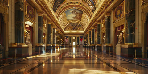 Obraz premium Hallowed Halls of Democracy: The interior of a government building, adorned with flags, paintings, and sculptures that reflect the nation's history and values