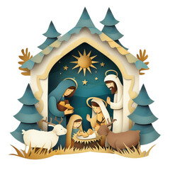 Beautifully crafted nativity scene of Mary, Joseph, Baby Jesus, and animals under a starlit sky, capturing the essence of Christmas