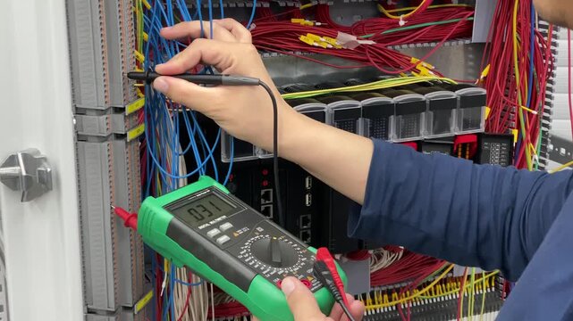 assembly of electrical equipment. multimeter and man. Slow motion video. High quality video in 4K format.