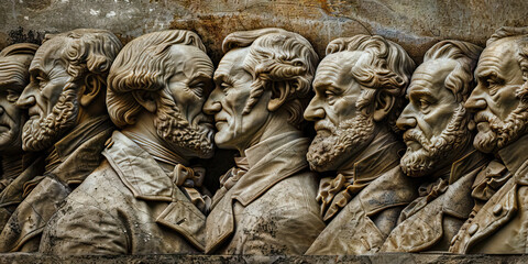 Naklejka premium Pillars of the Republic: A group portrait of founding fathers and notable politicians, their faces etched into stone as a testament to their lasting impact.