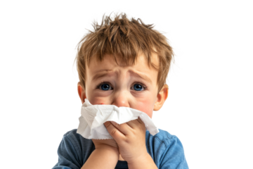 A crying little boy with a crumpled tissue in his hand, against a white background.