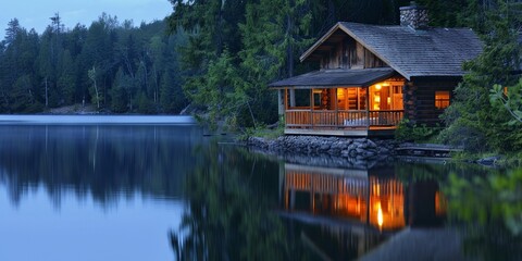 Obraz premium Serene Lakeside Cabin at Dusk with Reflective Waters, Ideal for Leisure Retreat and Copy Space, All Objects in Focus, Deep Depth of Field
