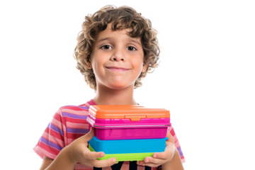 A first-grade student holding a colorful lunchbox, their face beaming with anticipation for lunch, on a white background.