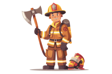A firefighter in full gear, holding an axe, with a fire helmet beside him, white background.
