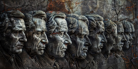 Pillars of the Republic: A group portrait of founding fathers and notable politicians, their faces etched into stone as a testament to their lasting impact.
