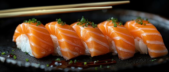 Salmon sushi held by chopsticks, black background, high detail, closeup