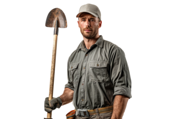 A landscaper in a work shirt, holding a shovel and a rake, on a white background
