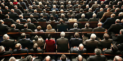 Obraz premium Chanting Halls of Congress: A bird's-eye view of rows of lawmakers in their chambers, their heads bowed in prayer or raised in debate