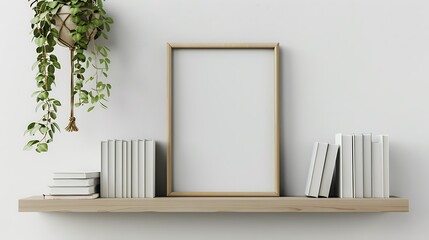 Minimalist Home Decor with Hanging Plants, Picture Frame and Books on Shelf