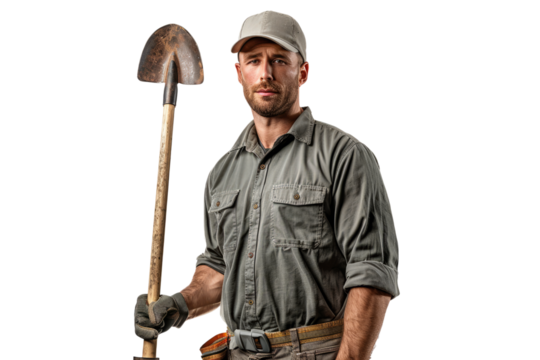 A landscaper in a work shirt, holding a shovel and a rake, on a white background