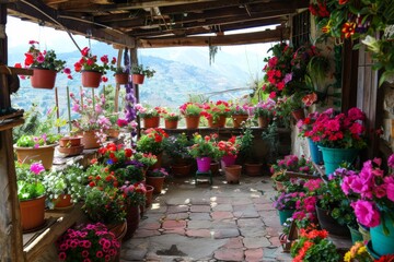 Naklejka premium Cozy garden patio with colorful flowers and wooden furniture, creating a charming and inviting outdoor space.